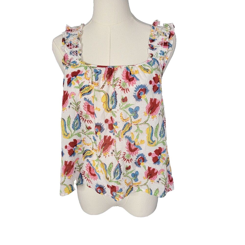 Xirena White Multicolor Floral Cotton Ruffle Strap Top XS